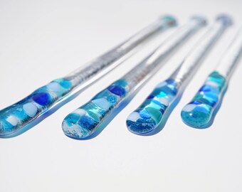 Blue glass swizzle sticks, fused glass cocktail stirrers, glass drink stirrers, blue swizzles, handmade drink sticks, glass java sticks