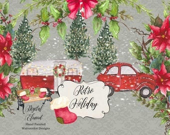 Digital Clipart, Watercolor Clipart, Vintage Red Car and Camper, Snow, Lights, Hand Painted Retro Camper Clip-art, Pine Tree. No. WC73