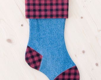 Rustic Christmas Stocking - Red Plaid Christmas Stocking - Denim Stocking - Country Christmas Decor - Farmhouse Christmas - Jean Stocking