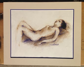 Original Signed Pen and Ink Watercolor Gouache on paper by Estonian Arist Ado Lill, a female nude of a woman reclining naked