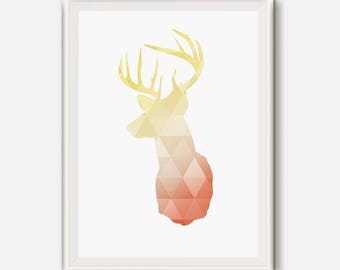 Deer Head, deer antlers, Coral and gold nursery, coral deer, gold deer, geometric animal art, woodlands animal, Triangle print, gold print