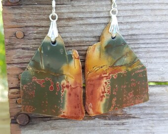 Rough Cut Red Creek Jasper Gemstones and Sterling Silver Earrings, Multicolor Red Creek Jasper Earrings, Red Creek Jasper and Sterling Drops