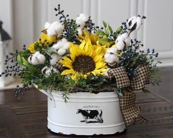 Farmhouse Decor, Country/ Primitive Floral Arrangement, Cotton Decor, Rustic Arrangement, Sunflowers and Cotton in Farm Fresh Bucket