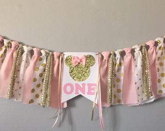 Pink and gold Minnie Mouse birthday banner, pink and gold Minnie Mouse highchair banner, Minnie Mouse birthday decorations, photo banner