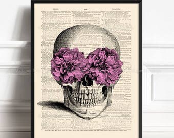 Skull Flowers, Unique Gift For Man, Human Skull, Skull Poster Gift, Funny Home Art Print, Cool Mom Gift, Anatomy Print, Apartment Decor 433
