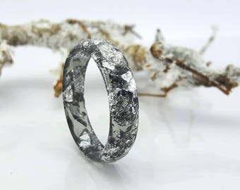 Resin Stacking Ring Black Silver Flakes Small Faceted Ring OOAK minimalist jewelry