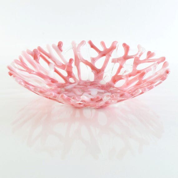 Fused Glass Sea Coral Fruit Bowl in Pink White Salmon