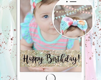 Birthday Snapchat Filter - Happy Birthday Bunting Banners: Pink, Mint & Glitter - Automatic Download - Ready to submit in minutes!
