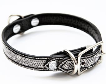 Dog Collar Genuine Lizard White/Black