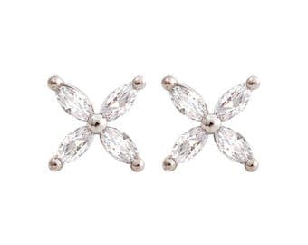 925 Sterling Silver Victoria style Marquise CZ flower Stud Earrings
