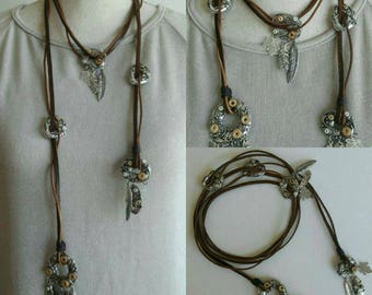 Boho leather wrap Necklace/Choker, Ibiza festival brown strand Charms necklace