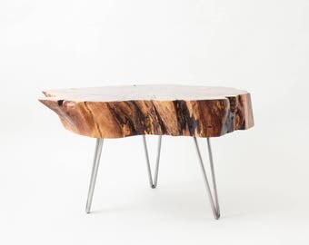 Tree slice coffee table, live edge round oak table with steel hairpin legs - Ready to Ship