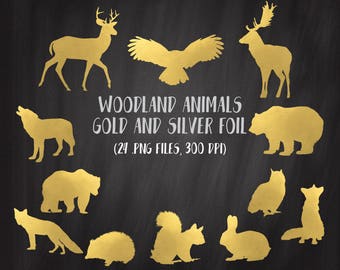 Woodland Animals Clipart, Golden Foil Woodland Clipart, Gold Foil Clipart Set, Silver Animals Clipart, Commercial Use, Golden Bear,Gold Deer