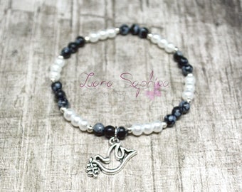 Beads Bracelet black/white/silver with Silver Dove