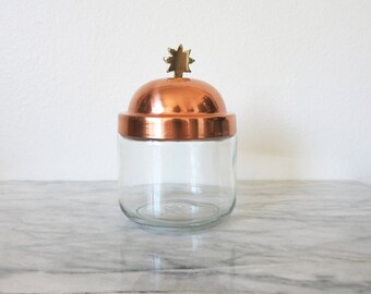 Vintage Copper Glass Jar, Kitchen Canisters, Bathroom Storage, Desk Accessory, Jewelry Dish Holder, Cerve, Housewarming Gift, Tea Storage