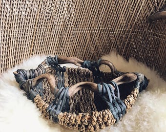 Vintage handmade basket / handwoven basket / driftwood basket / handmade basket weave / boho basket
