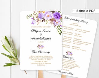 Fan Wedding Program, Purple Wedding Fans Template, Ceremony Program Printable, Wedding Program Template, #A020, Editable PDF