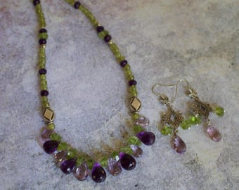 Peridot, Amethyst and pink Amethyst Briolettes with Silver Necklace and Matching Earrings.