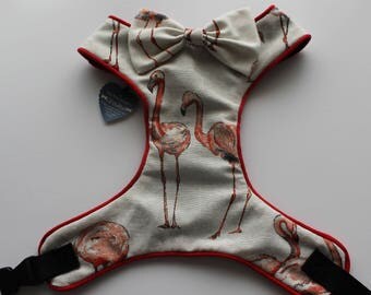 Handmade Flamingo adjustable Dog Harness with Bow in natural fabric, size S, M, L, XL and Custom- Free Postage
