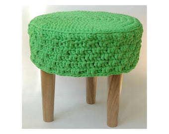 Knitted pouf ,Floor Round Pouf - Ottoman wooden legs, Footstool,