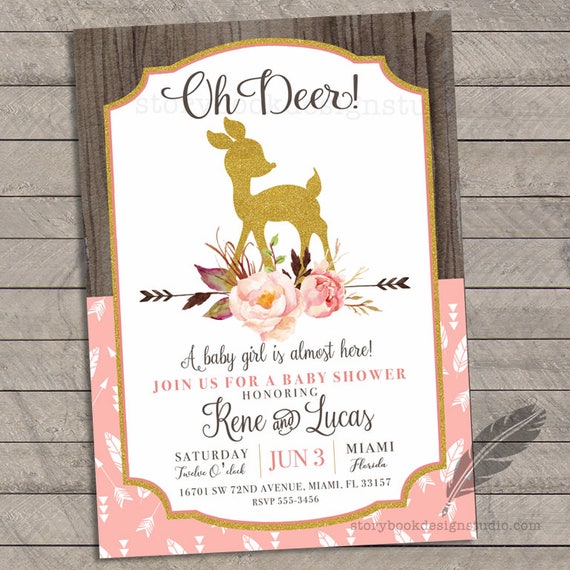 Oh Deer Baby Shower Invitations floral boho pink