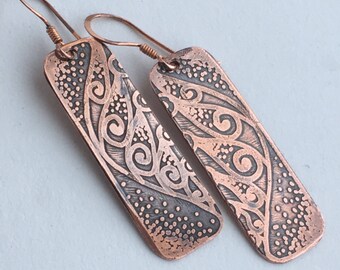 Copper Etched Leaf Pattern Earrings