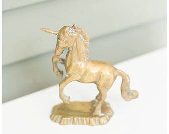 Vintage Brass Unicorn Figurine | Medium Golden Unicorn Statue | Solid Brass Horse Unicorn Home Decor