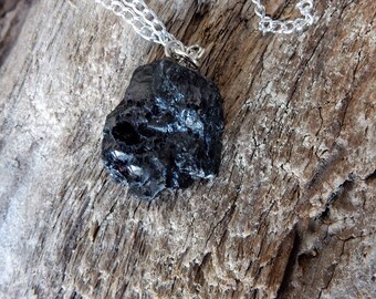 Raw Black Tourmaline Necklace, Minimalist Raw Tourmaline Necklace, Black Raw Crystal Necklace, Free Shipping Necklace