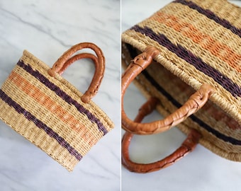 Small Vintage Straw and Leather Market Bag // Bohemian Straw Basket with Leather Handles