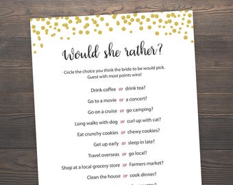 Would She Rather, Gold Bridal Shower, Bachelorette Games, Bridal Shower Games, Who knows the Bride Best, Hen Party Game, Hens Night, GCB3