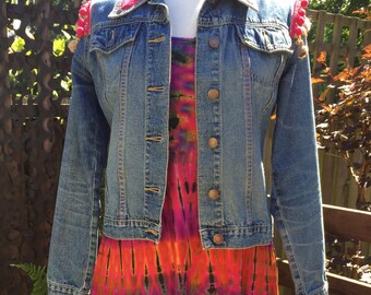 Customised Denim Jacket with Fabric panel, Pom Pom Trim, Tassel Trim and Metal Studs