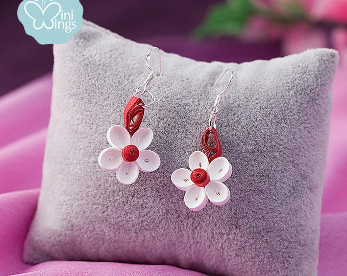 Miniwings  Paper Quilling Flower Silver Earrings  Valentine's day Mothers Day Easter Gift Anniversary