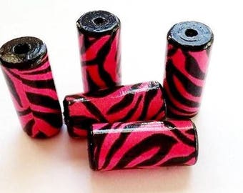 Beautiful Pink Zebra Paper Beads - Set/5 - Handmade Tube Beads - PB19