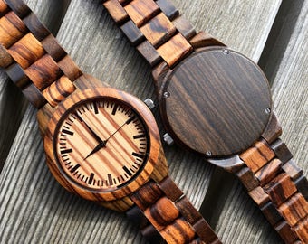 Engraved father gift, Boyfriend Gifts, Groomsmen gift, Wood Watch for Men, Engraved Zebrawood + Ebony Wood Watch Bamboo Watch HB41