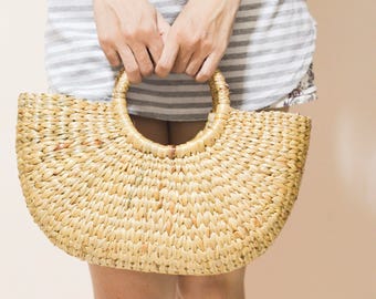 Last 1 in stock ! Straw bag Weaving seagrass top handle bag, handmade bag , boho bag, straw purse from Thailand : size M