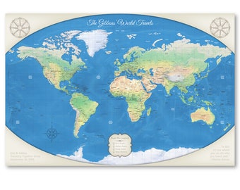 10th Anniversary Gift For Him Relief World Map Detailed 24x36 or 30x40 Labeled World Push Pin Map Mounting Options Free Shipping