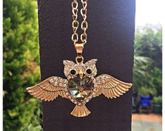 Beautiful Large Crystal Owl Necklace. Gift Bag Packaged.
