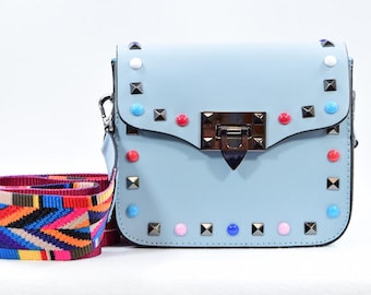 Leather Purse with Guitar Strap / Studded / Festival Fashion / Blue Purse / Blue Bag / Woven Guitar Strap / Italian Leather / Leather Purse