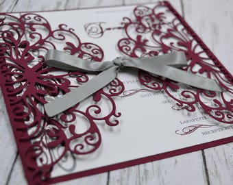 Wedding Invitation Burgundy and Grey Thermography (Raise Ink)