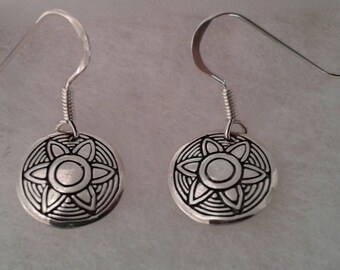 Aztec Earrings, Solid Sterling Silver Aztec Sunburst Earrings, Dangle Earrings, Tribal Earrings, Aztec Jewelry