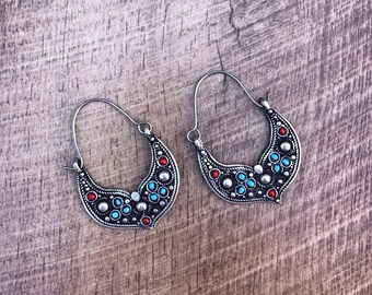 Afghan Vintage Earrings, big tribal earrings, hoop earrings, tribal jewelry, turquoise hoop earrings, boho gypsy jewelry, bohemian earrings