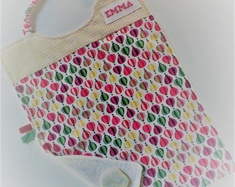 Serviette a élastique,personnalisable,serviette de cantine,fille coton et éponge .tons multicolores,tissu enfant .