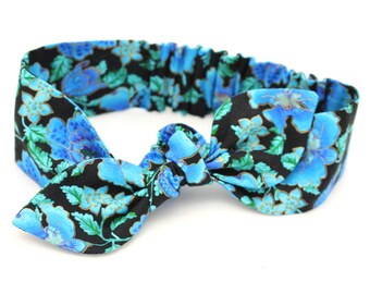 Flower Gold baby headband, Blue gold flower Baby, knot baby headband, girls headband, metallic gold blue, blue flower headband