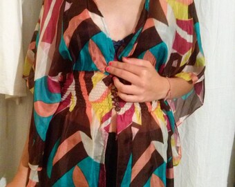 Silk printed bat sleeve tunic mouse