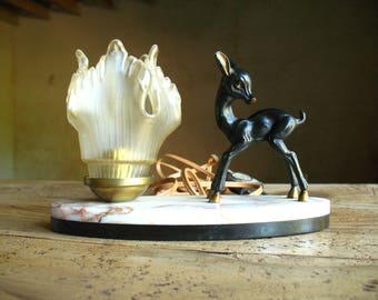 Art Deco Table Lamp on Marble base with a little bronze Deer 50s