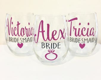 5 or 6 Bridal Party Wine Glasses | Personalized Bridesmaid Wine Glasses | Custom Wine Glass | Bridal Party Gifts | Bridesmaid Gift