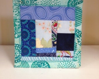 Blue Scrappy #7 Mug Rug Coaster Mini Quilt Wall Art Handmade Quilted