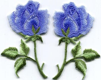 Royal blue roses pair flowers embroidered appliques iron-on patches