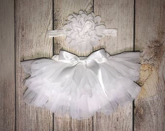 Baby Girl Tutu Bloomers & Headband Set in White - Newborn Photo Set - Cake Smash Set - Diaper Cover