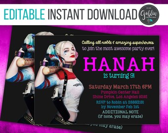 Harley Quinn, Harley invite, Harley, Harley Quinn invitation, Instant Download, Suicide squad invite, suicide squad party, Suicide Squad